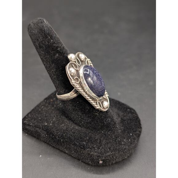 Goldstone Ring: Handmade 925 Sterling Silver Boho Floral  Vintage 925 Sterling Silver Purple Goldstone Large Boho Statement Ring Size 6